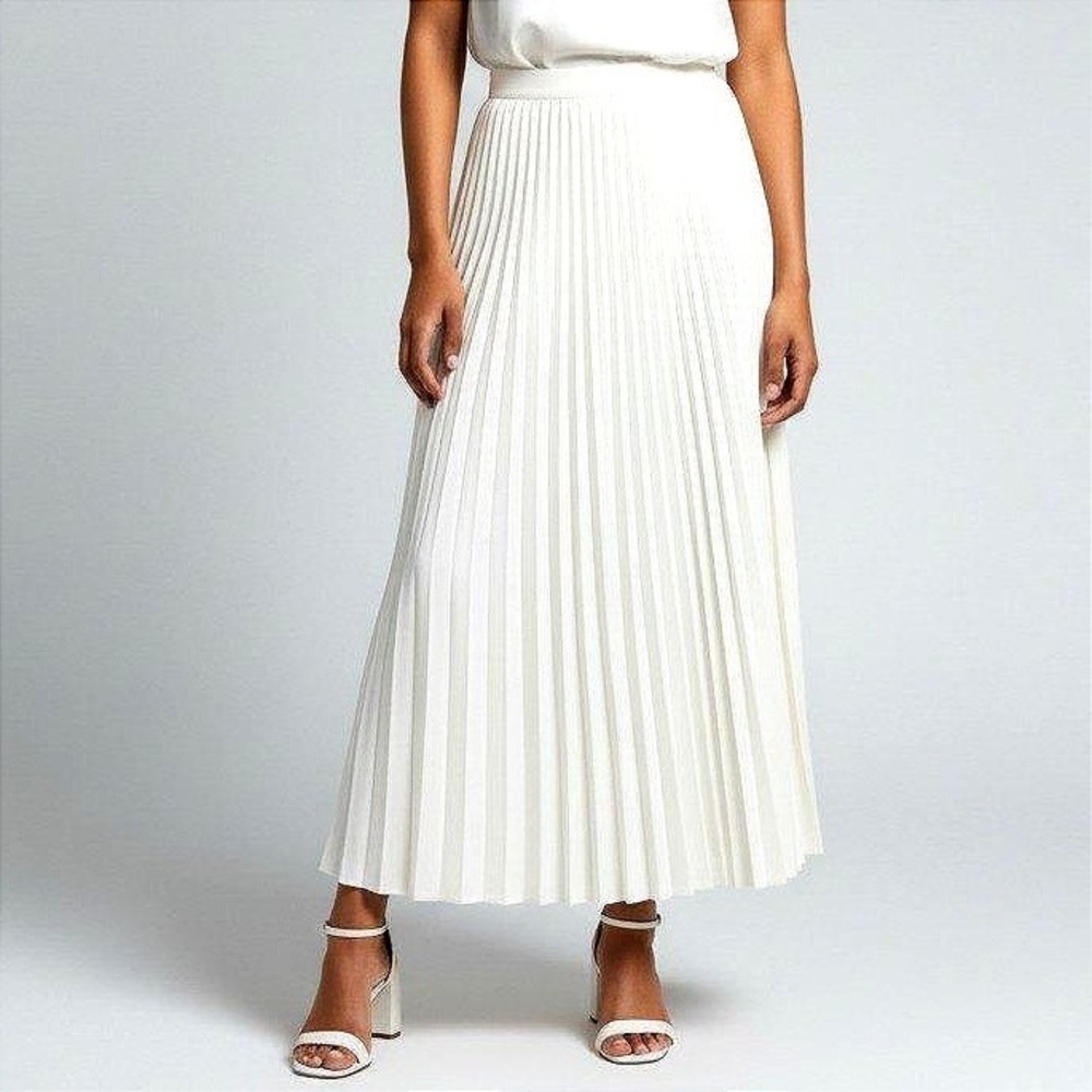 Vintage Ivory White Pleated Midi Skirt Made in USA Size 12 Zipper 90s Chic Boho